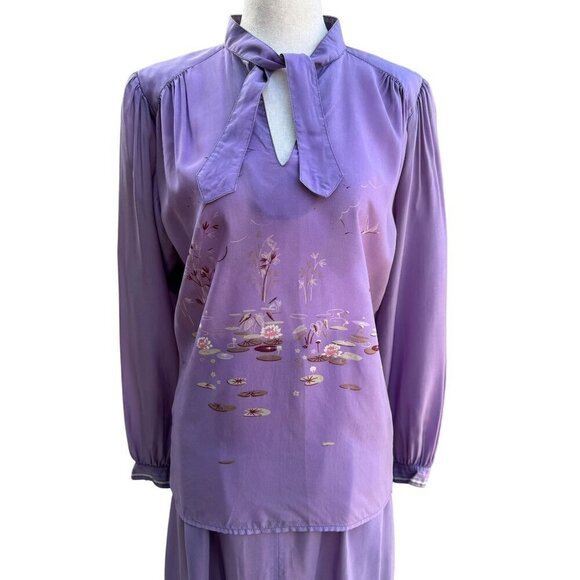 Richard Peters Vintage Lilac Silk Floral Tie Neck Blouse Pleated Midi Skirt Set - Picture 2 of 16